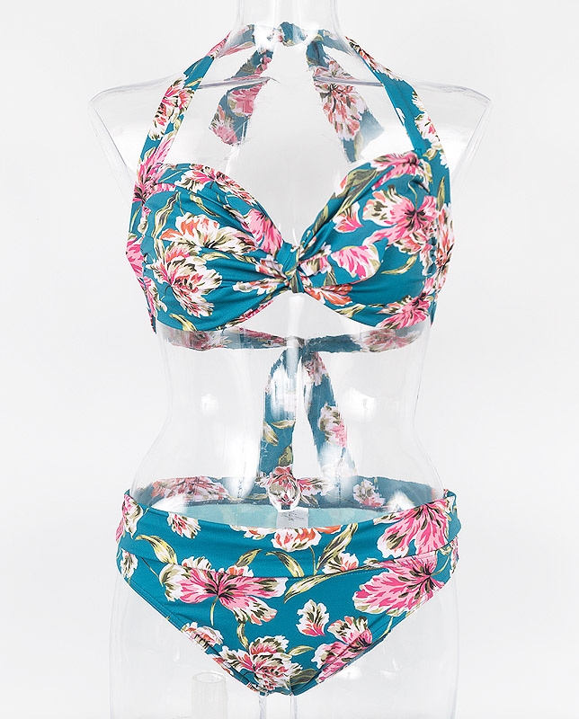 小花柄アートタッチ フロントノットホルター水着 グリーン【LAULEA】