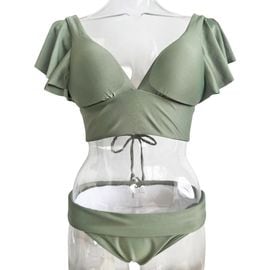 フリル袖ハーフトップ水着 プッシュアップパッド入り モスグリーン くすみカラー【LAULEA】