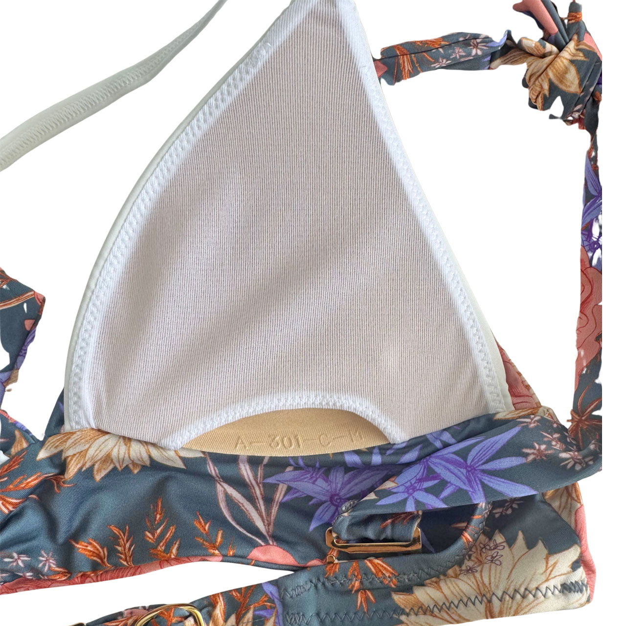 肩リボンハーフトップ水着 アジアンリゾート花柄 プッシュアップパッド入り ブルーグレー くすみカラー【LAULEA】