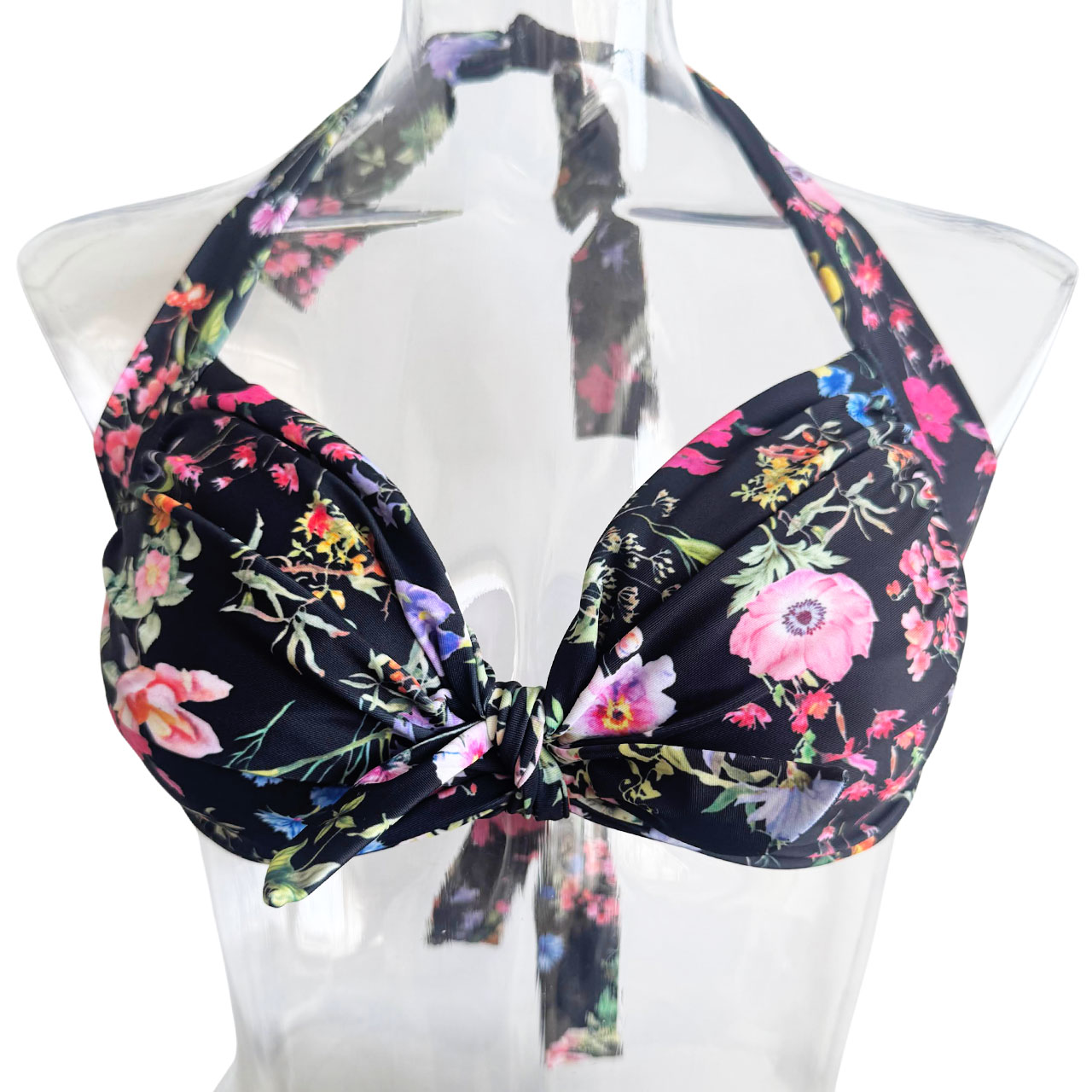 ボタニカル小花柄 フロントノットホルターネック水着 ブラック【LAULEA】