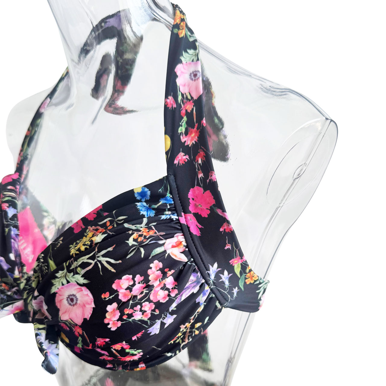 ボタニカル小花柄 フロントノットホルターネック水着 ブラック【LAULEA