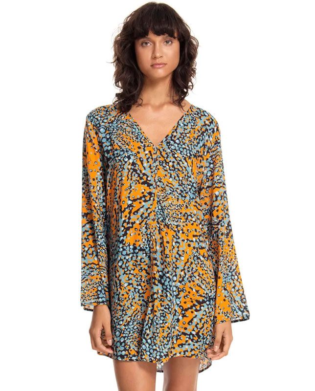 Vネックバブルデザイン長袖チュニックドレス オレンジ Morena Rosa