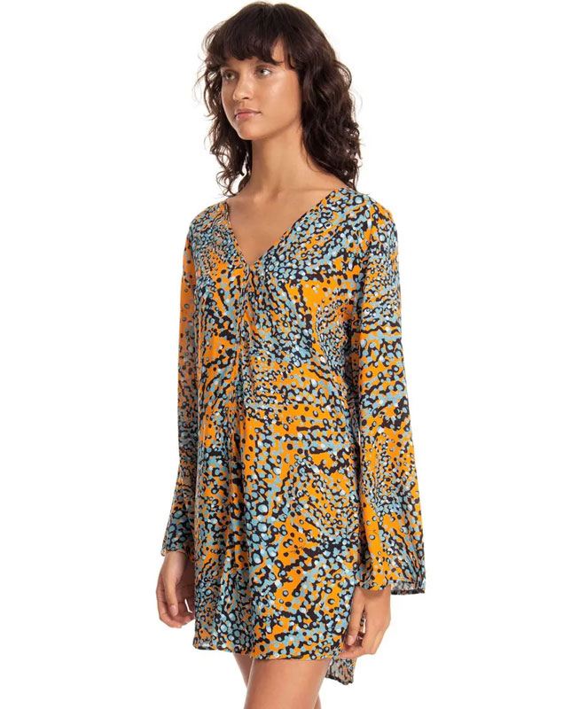 Vネックバブルデザイン長袖チュニックドレス オレンジ Morena Rosa