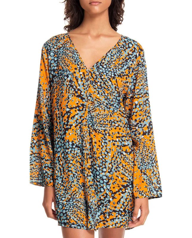 Vネックバブルデザイン長袖チュニックドレス オレンジ Morena Rosa