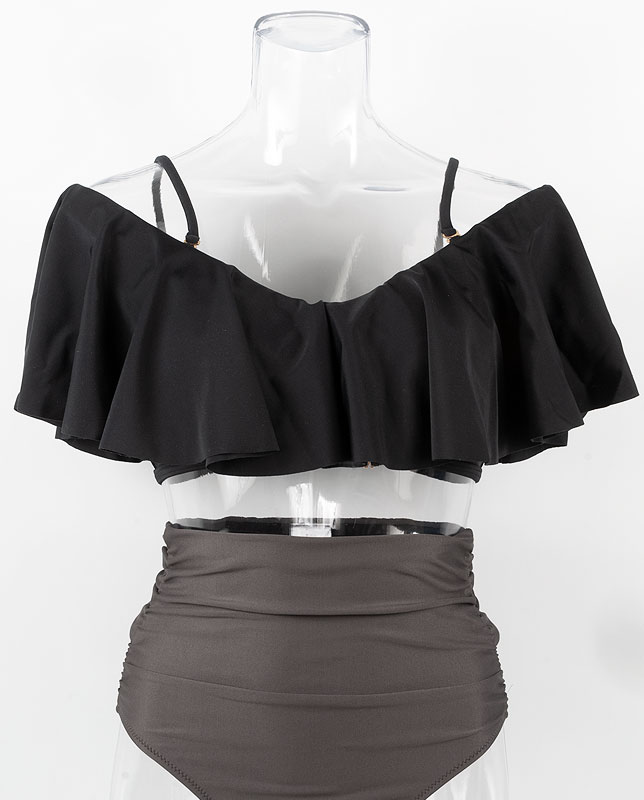 水着 LAULEA オフショルダー フリル ハイウエスト ホワイト ブルー バイカラーオフショルダーフリル ハイウエスト水着 【LAULEA