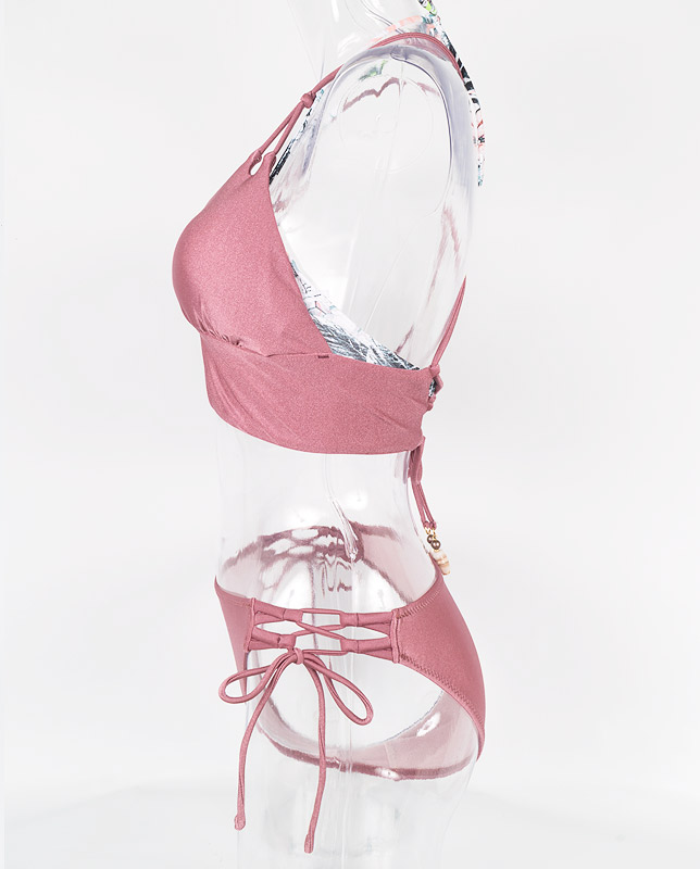 新品　LAULEA トロピカルスモークピンク花柄バンドゥハーフトップ3点セット □雑誌掲載商品□トロピカルスモークピンク花柄 バンドゥ