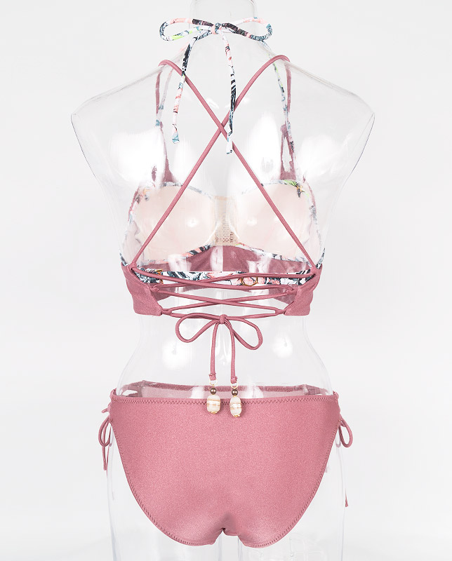 フロントレース トロピカル柄バンドゥ・ハーフトップ水着3点セット