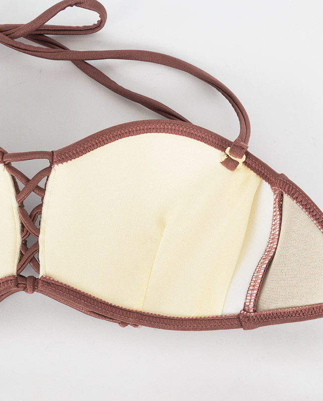 トロピカルリーフ柄 ワンカラーレースアップバンドゥ水着 【LAULEA】