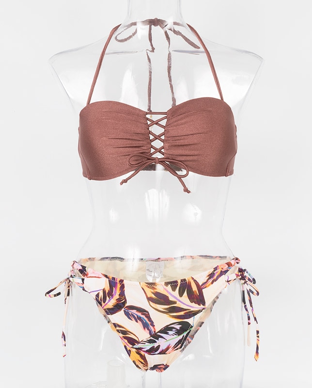 トロピカルリーフ柄 ワンカラーレースアップバンドゥ水着 【LAULEA】