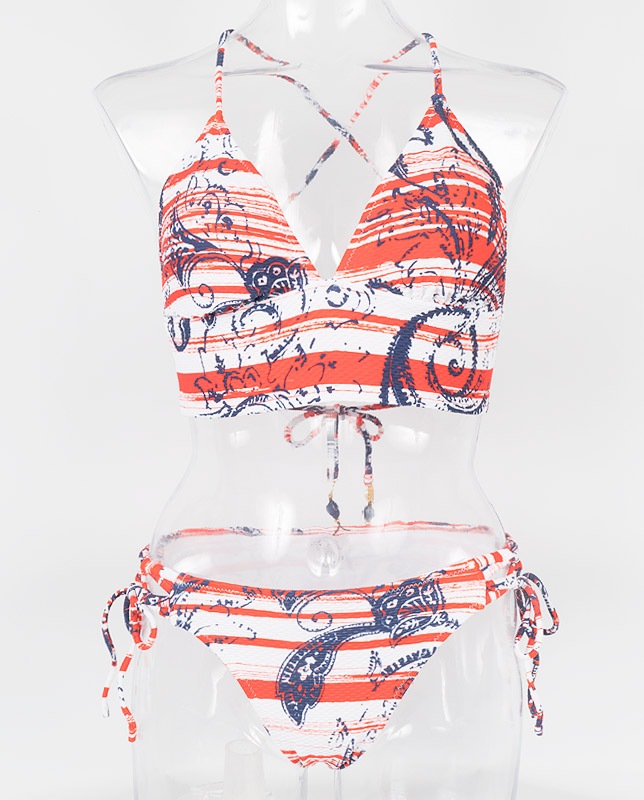 エスニックボーダー柄 エンボス生地ハーフトップ水着 【LAULEA】