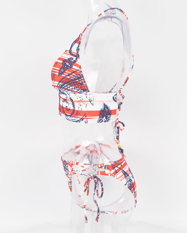 エスニックボーダー柄 エンボス生地ハーフトップ水着 【LAULEA】