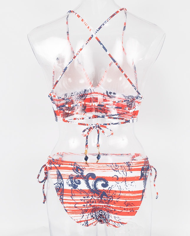 エスニックボーダー柄 エンボス生地ハーフトップ水着 【LAULEA】