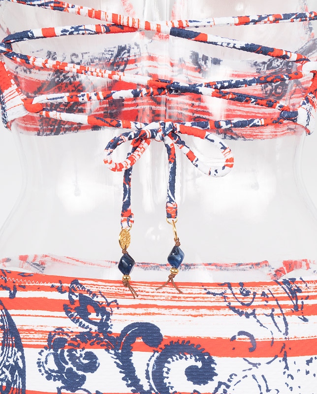 エスニックボーダー柄 エンボス生地ハーフトップ水着 【LAULEA】