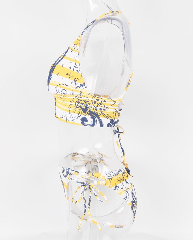 エスニックボーダー柄 エンボス生地ハーフトップ水着 【LAULEA】