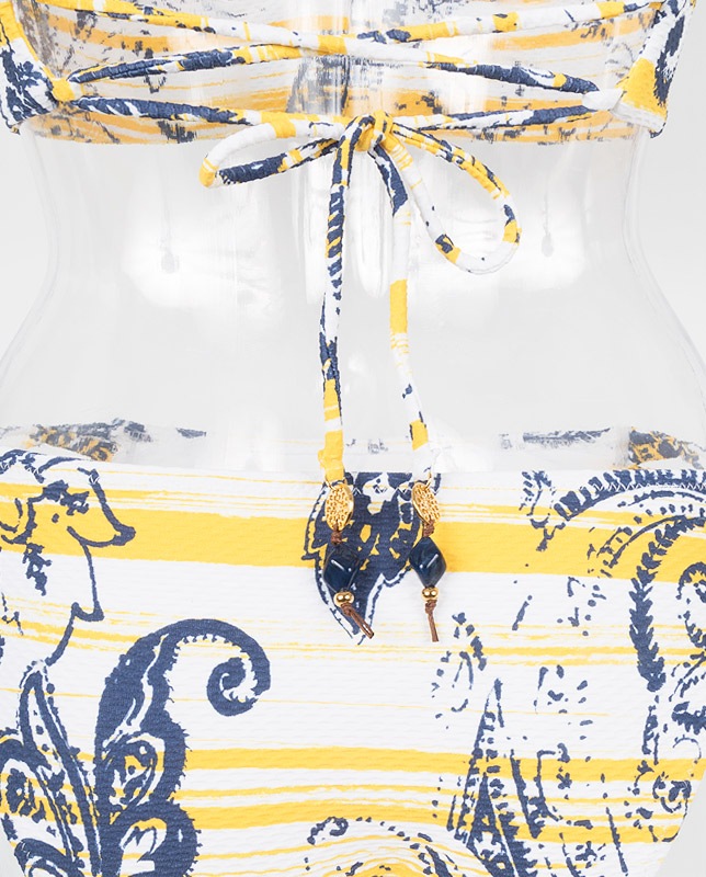 エスニックボーダー柄 エンボス生地ハーフトップ水着 【LAULEA】