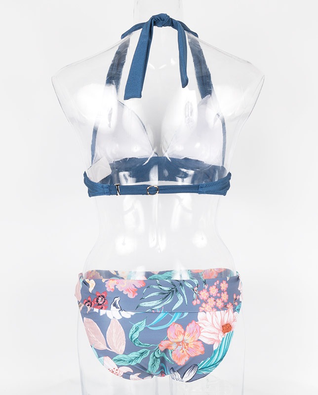 フラワーボタニカル柄 ホルターネック水着 ネイビー×ネイビーマルチ【LAULEA】