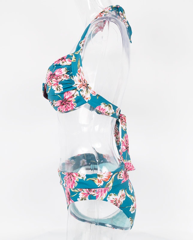 小花柄アートタッチ フロントノットホルター水着 グリーン【LAULEA】