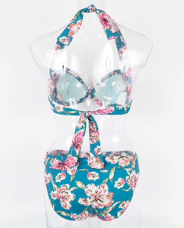 小花柄アートタッチ フロントノットホルター水着 グリーン【LAULEA】