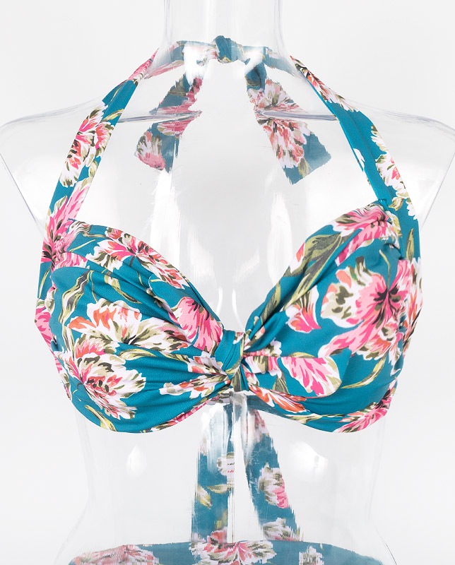 小花柄アートタッチ フロントノットホルター水着 グリーン【LAULEA】