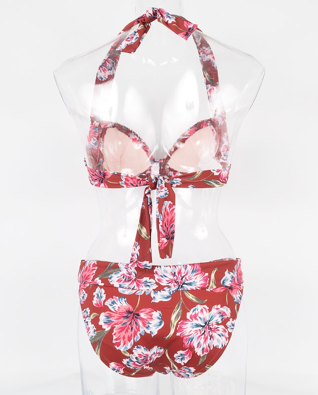 小花柄アートタッチ フロントノットホルター水着 レッド【LAULEA】