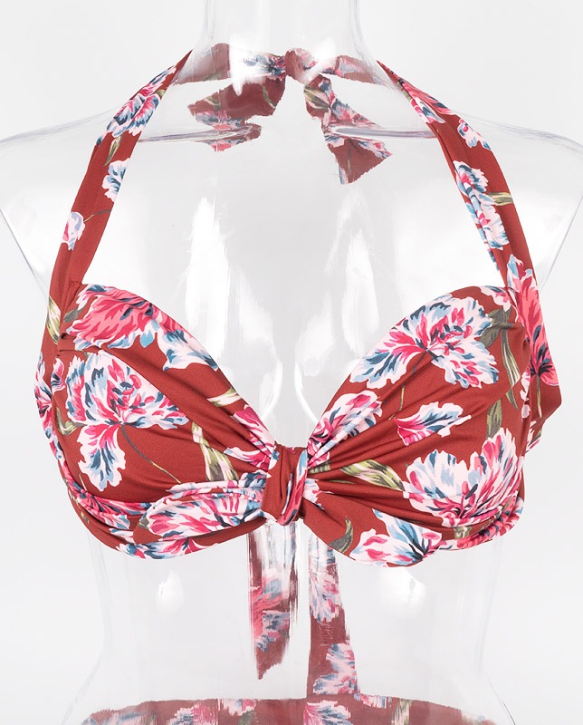 小花柄アートタッチ フロントノットホルター水着 レッド【LAULEA】