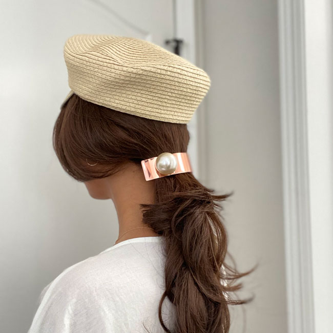 フランスラックス メタル＆パール バレッタ(クリーム/ローズゴールド)