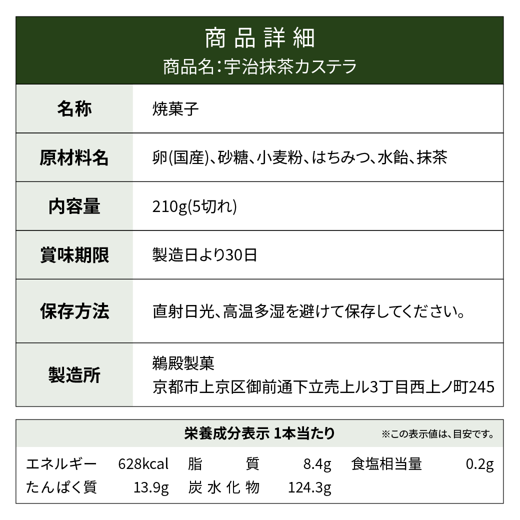 森半 極上手作り宇治抹茶カステラ [5切]