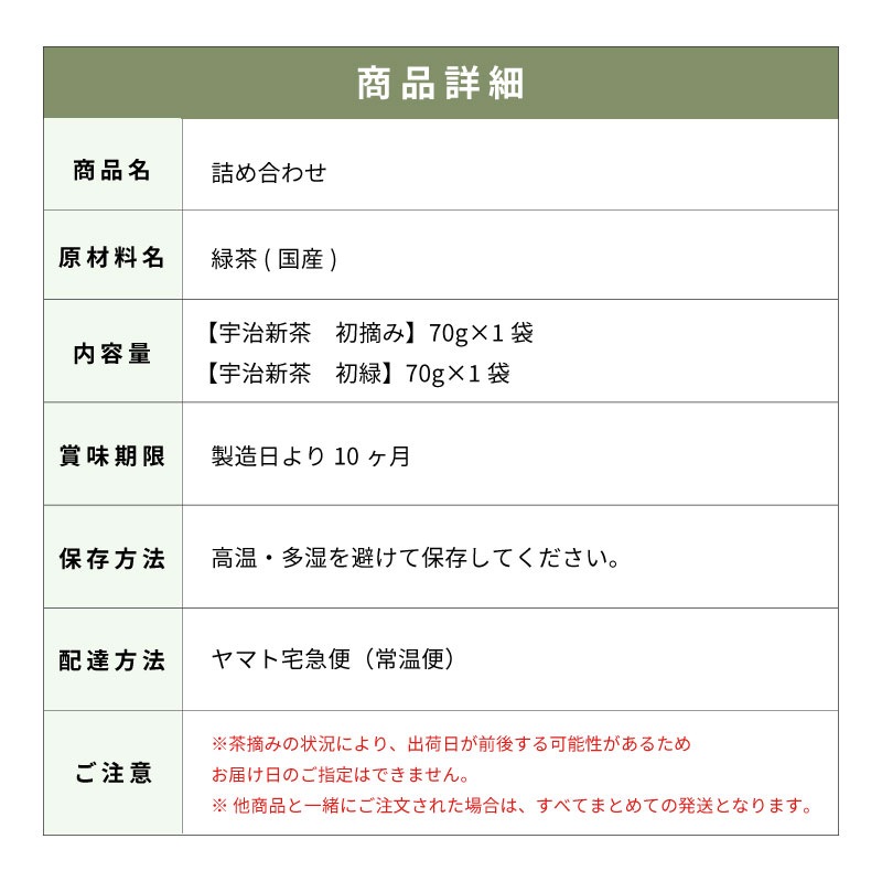【5月下旬以降、入荷次第の発送】森半 宇治新茶 詰め合わせ（HG-26M） [初摘み70g袋、初緑70g袋]