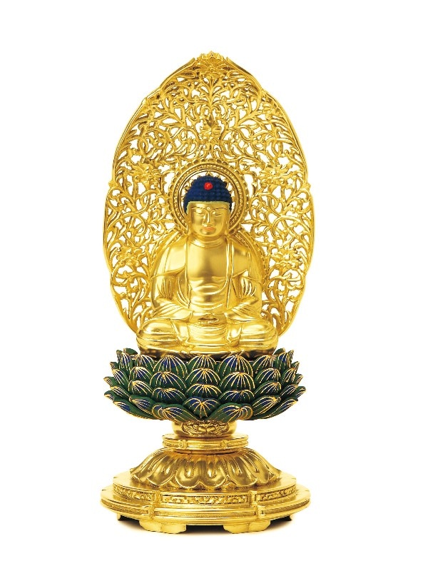 総木製純金箔 平安丸台座 青蓮華 座弥陀 肌粉 唐草光背｜モダン
