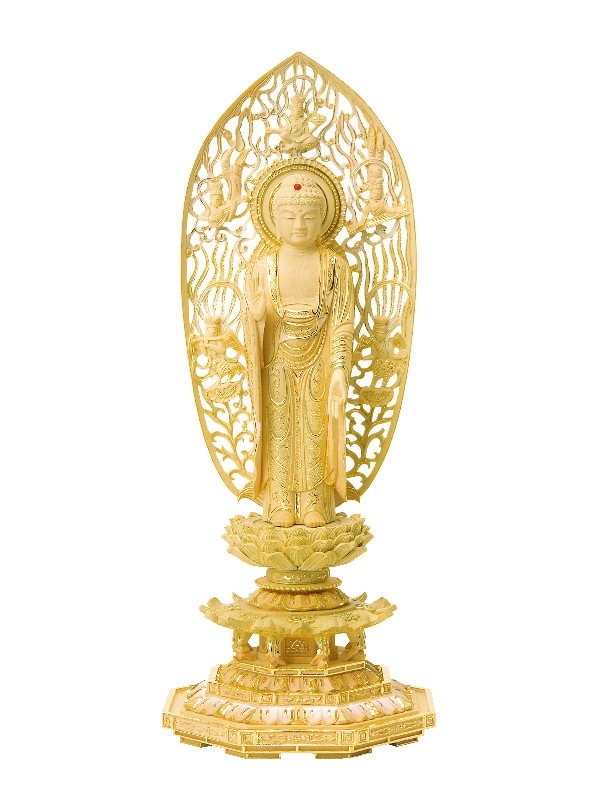 総ツゲ 八角台座 舟立弥陀 飛天光背 切金淡彩｜モダン仏壇、現代的な