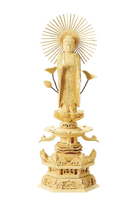 白檀　金泥書　丹型阿弥陀如来　4.5寸 六角ケマン台　木彫り　仏像アンティーク 楽天市場】仏像 【総白檀製】 金泥 ケマン六角台座 ダイア入