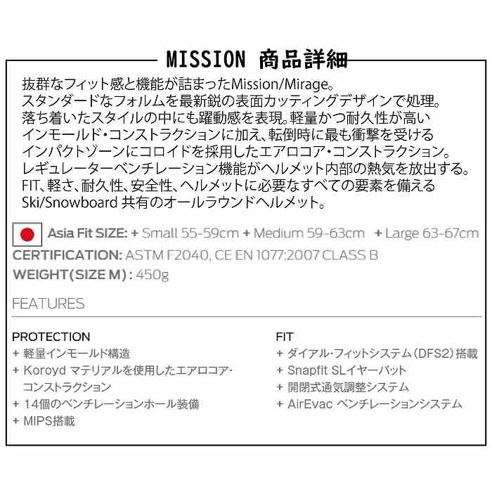 SMITH スミス 010274531 MISSION(ASIAN FIT) ミッション MATTE BLACK