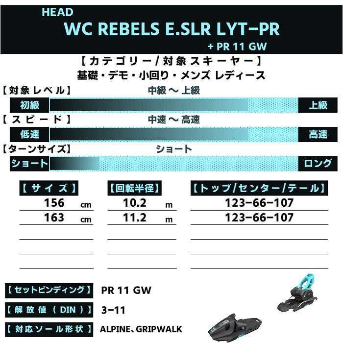 HEAD e.SLR スキー板 バインディング付き HEAD WORLDCUP REBELS E.SLR + PR 11GW163㎝