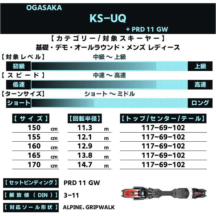 オガサカ スキー板 2026 OGASAKA KS-UQ/RD + PRD 11 GW ケオッズ KEO'S