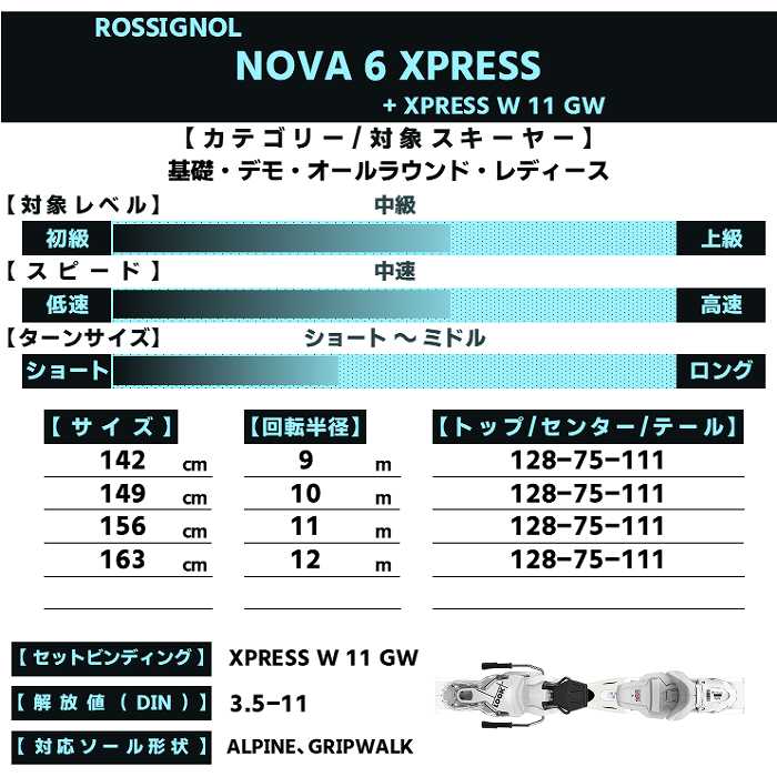 ロシニョール スキー板 2026 ROSSIGNOL NOVA 6 XPRESS + XPRESS W 11