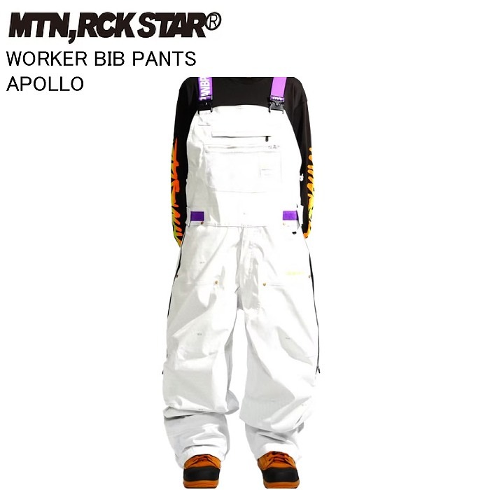 マウンテンロックスター　スノーボードウェア L ホワイト　無名パンツL MTN.ROCK STAR マウンテンロックスター WORKER BIB PANTS ワーカービブ