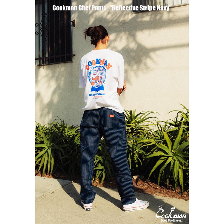 期間限定値下げ【CS】stripe cross pants サイズ1 ネイビー COOKMAN/クックマン Long Chef Pants シェフパンツ「Reflective Stripe