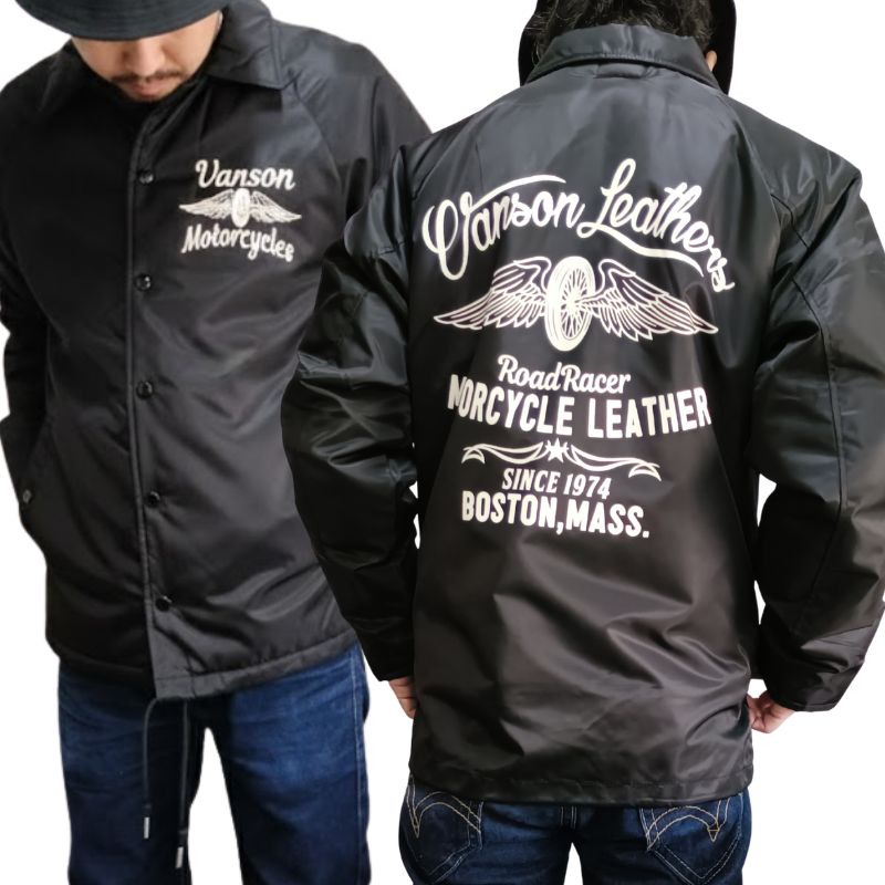 VANSON ボアライナー コーチジャケット「WHEEL & WING」ブラック｜4