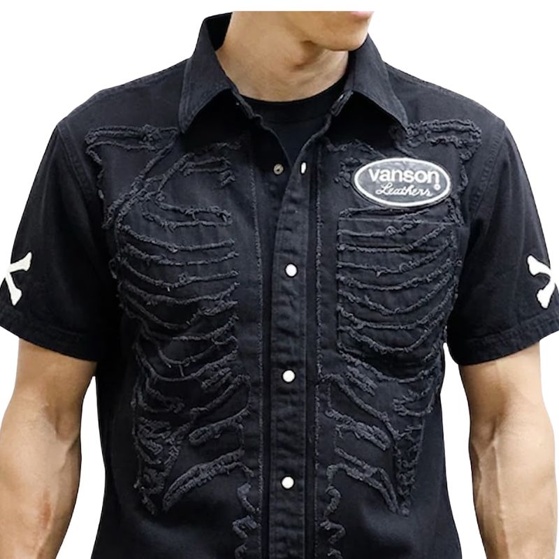 人気のバンソン　ヒューマンボーンデザイン vanson 豪華デニム半袖シャツ　L セール！】VANSON バンソン デニムシャツ 半袖シャツ ボーン メンズ