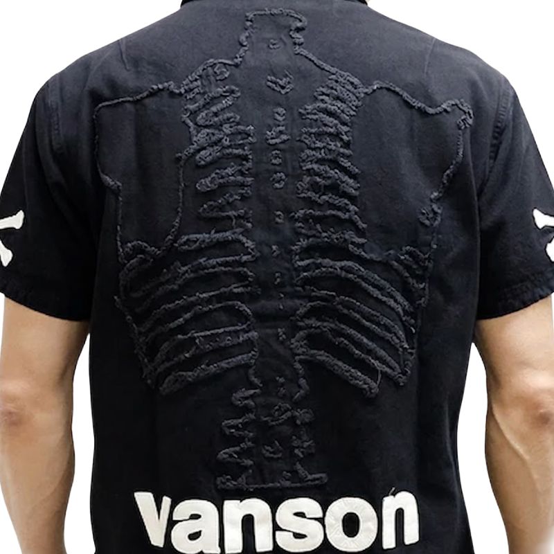 人気のバンソン　ヒューマンボーンデザイン vanson 豪華デニム半袖シャツ　L セール！】VANSON バンソン デニムシャツ 半袖シャツ ボーン メンズ