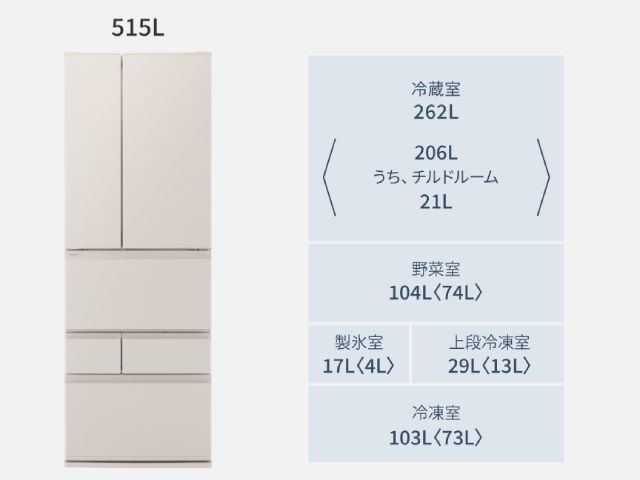 【お取り寄せ品】パナソニック 冷凍冷蔵庫 フレンチドア6ドア 515L 野菜室が真ん中モデル 幅65cm マットライトベージュ NR-F52BR3(C)