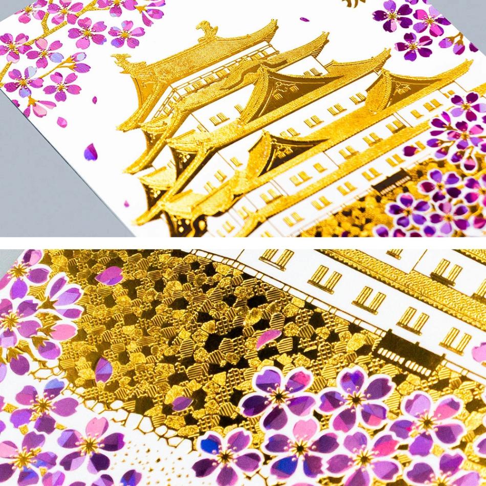 ROKKAKU 箔押しポストカード 名古屋城「朝桜」R0042501