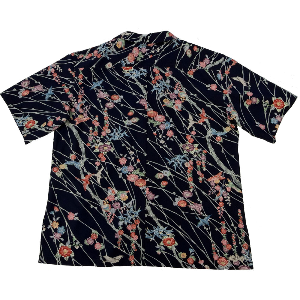 ワタヤ商店 日の本アロハ 四季草花に鶴(ネイビー)【L】NH16