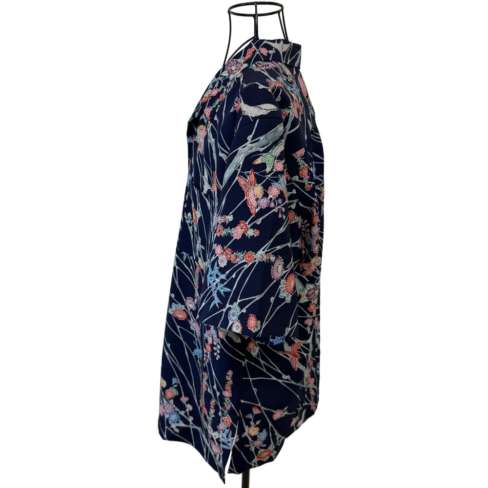 ワタヤ商店 日の本アロハ 四季草花に鶴(ネイビー)【L】NH16