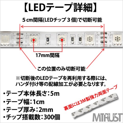 家庭用 LED テープ ライト RGBフルカラー SMDチップ300連 72W 7色発光