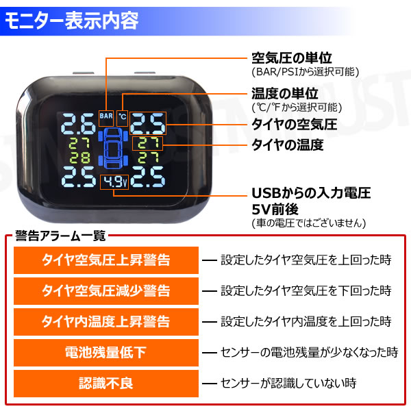 TPMS ������ ������ ���󥵡� [�ꥢ�륿���� ��˥��� ���� �����Х�� �� �磻��쥹 USB ������ ���� ¬�� �ǥ����ץ쥤 ���顼�� ���ܸ�谷������ ���� ���������󥵡� ��������˥��� ����������] ����ȥ�