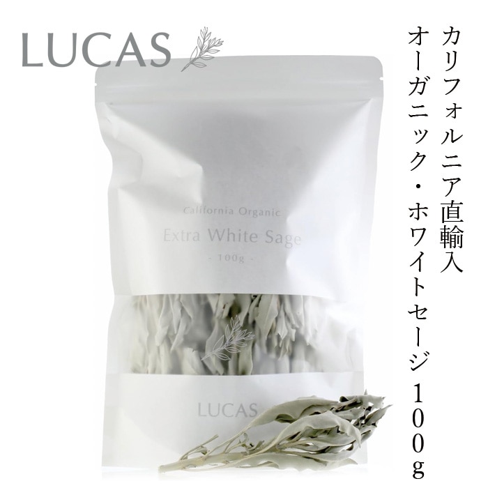 ホワイトセージ ルカス LUCAS エクストラ・ホワイトセージ 100g 枝つき葉 空間浄化 ヨガ 瞑想 マインドフルネス リラックス オーガニックホワイトセージ カリフォルニア直輸入 アクセサリーの浄化 農薬不使用 USDA 米国農務省 カリフォルニア認定オーガニック農家