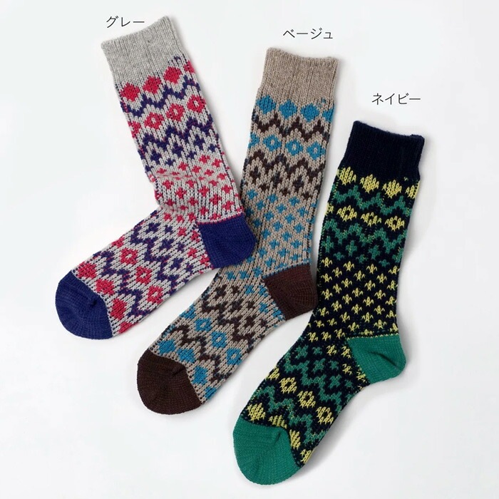 靴下 SOUKI RE LOOP NORDIC ECOWOOL リブクルー 正規品 日本製 クルーソックス リブ編み ウール混  ナチュラル 秋冬用ソックス エコウール ノルディック柄 保温性 耐久性 エコフレンドリー 創喜 奈良の靴下