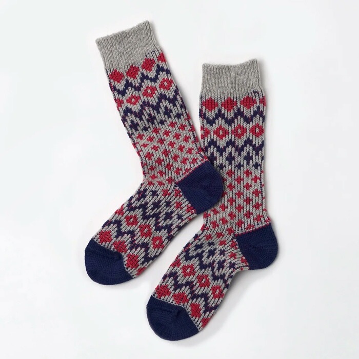 靴下 SOUKI RE LOOP NORDIC ECOWOOL リブクルー 正規品 日本製 クルーソックス リブ編み ウール混  ナチュラル 秋冬用ソックス エコウール ノルディック柄 保温性 耐久性 エコフレンドリー 創喜 奈良の靴下