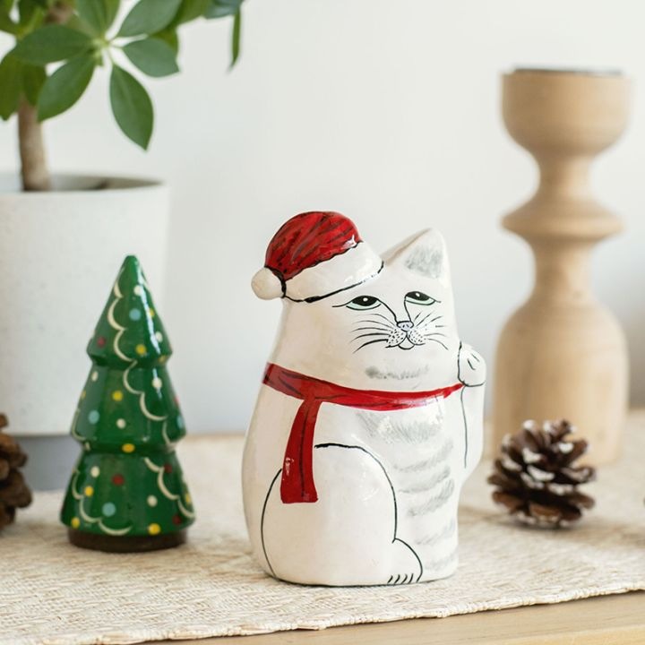 インドの招き猫 Xmas Version - PAPER MACHE CAT DOLL - (2colors)